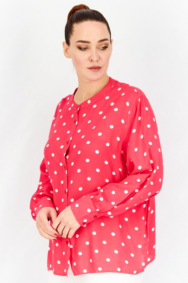 Tchibo Women Crew Neck Long Sleeve Polka Dot Blouse, Hot Pink - Image 2