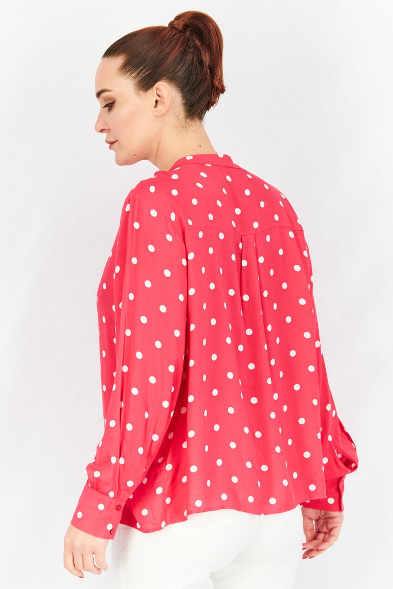 Tchibo Women Crew Neck Long Sleeve Polka Dot Blouse, Hot Pink - Image 4