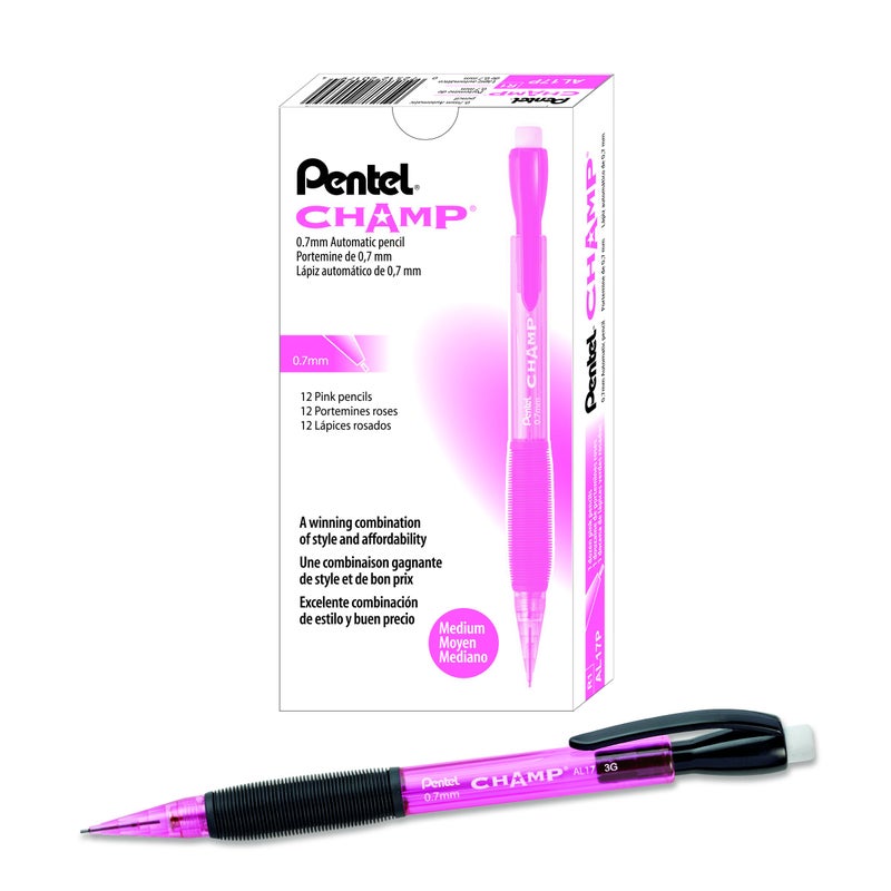 Pentel Champ Mechanical Pencil, (0.7mm), Pink Barrel, Box of 12 (AL17P) - Image 1