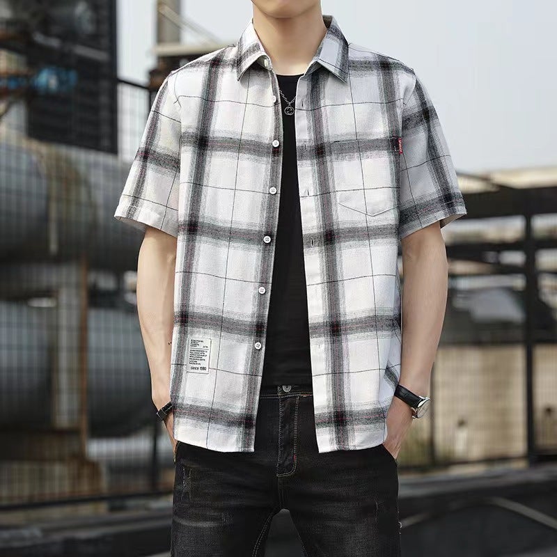 Youth Plaid Short-Sleeved Shirt Boys Casual Trendy Shirt Jacket Student Handsome T-Shirt - Image 1