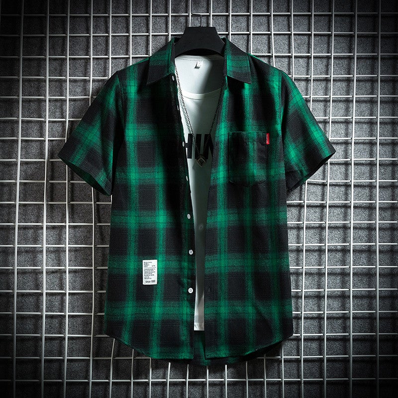 Youth Plaid Short-Sleeved Shirt Boys Casual Trendy Shirt Jacket Student Handsome T-Shirt - Image 3