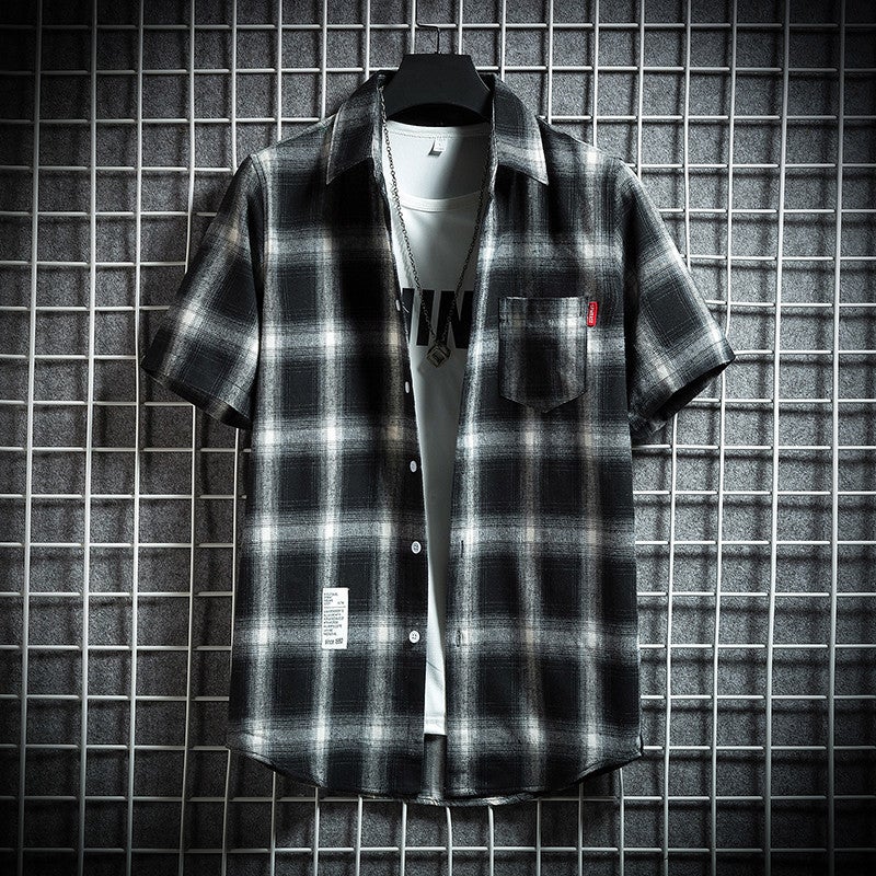 Youth Plaid Short-Sleeved Shirt Boys Casual Trendy Shirt Jacket Student Handsome T-Shirt - Image 4
