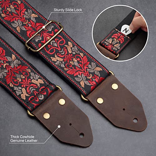 Nefelibata Guitar Strap,Jacquard Embroidery Cotton Guitar Straps with Crazy Horse Leather Leather Ends for Bass, Electric & Acoustic, Best Gifts for Kids, Guitarists(Retro Red Flower) - Image 2