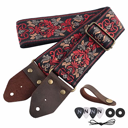 Nefelibata Guitar Strap,Jacquard Embroidery Cotton Guitar Straps with Crazy Horse Leather Leather Ends for Bass, Electric & Acoustic, Best Gifts for Kids, Guitarists(Retro Red Flower) - Image 1