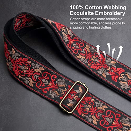 Nefelibata Guitar Strap,Jacquard Embroidery Cotton Guitar Straps with Crazy Horse Leather Leather Ends for Bass, Electric & Acoustic, Best Gifts for Kids, Guitarists(Retro Red Flower) - Image 3