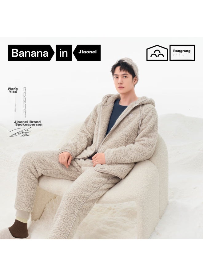 Bananain Jiaonei Yibo's Choice] Fluffy 506h Lambswool Pajamas, Women's Loungewear, Hooded Couple Set, Autumn And Winter Season - Image 1