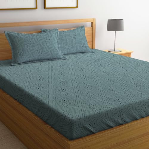LOOMLYFE 300 TC Cotton Feel Glace Cotton Elastic Fitted Printed King Size Double Bed Bedsheet with 2 Pillow Covers Fits Upto 8 inches Mattress, Size- 72X78 Inches - SkyFlowerLines - Image 1
