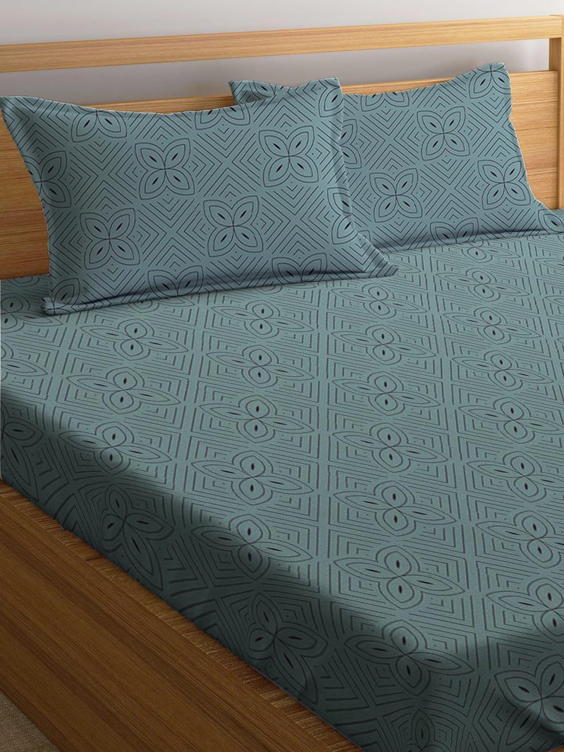 LOOMLYFE 300 TC Cotton Feel Glace Cotton Elastic Fitted Printed King Size Double Bed Bedsheet with 2 Pillow Covers Fits Upto 8 inches Mattress, Size- 72X78 Inches - SkyFlowerLines - Image 2