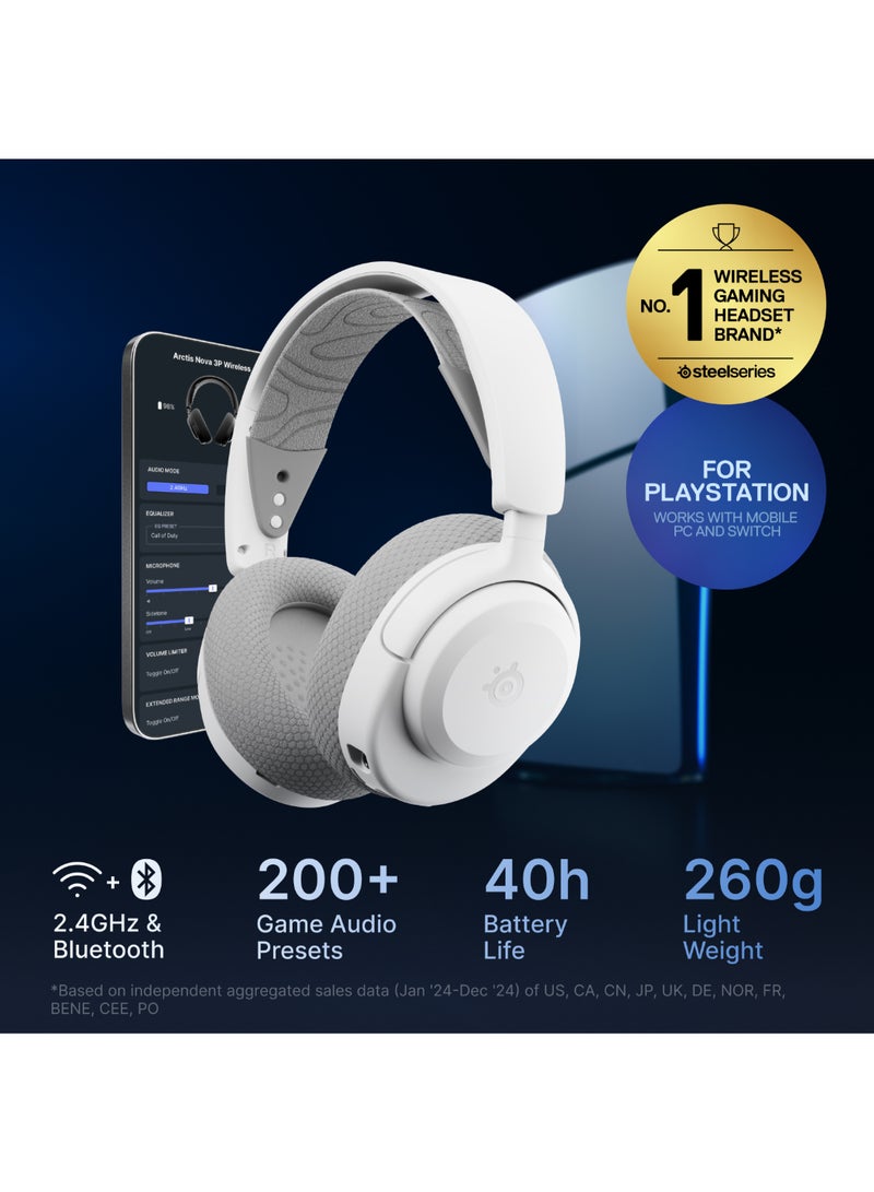 steelseries Arctis Nova 3 Wireless Multi-Platform Gaming Headset — Mobile App Control — 40 HR Battery — Neodymium Magnetic Drivers — 2.4GHz/Bluetooth — Detachable Mic — PC, PS5, PS4, Switch, Mobile- White I 61776 - Image 2
