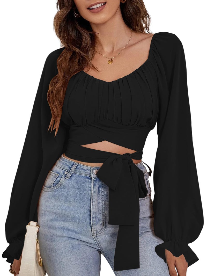 Rooscier Women's Ruched Wrap Square Neck Flounce Long Sleeve Self Tie Crop Top Blouse Solid Black Small - Image 1