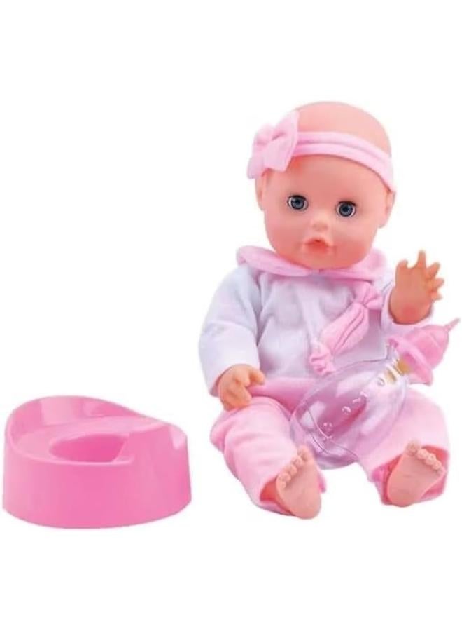 Dimian BAMBOLINA 30CM SOFT DOLL WITH BOTTLE & TOWEL ON PLATFORM
