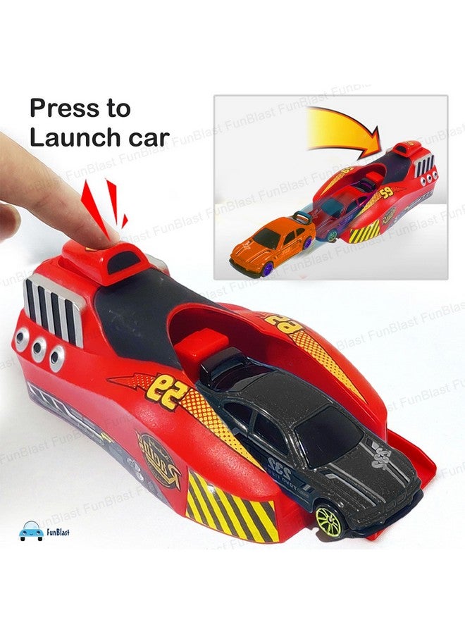 فنبلاست مجموعة ألعاب سيارات الإطلاق السريع من FunBlast - لعبة إطلاق سيارة مع 3 قطع سيارات معدنية مصبوبة بعجلات من سبائك معدنية، مجموعة ألعاب مركبات للأطفال من سن 3 سنوات فما فوق (متعددة الألوان) - Image 2