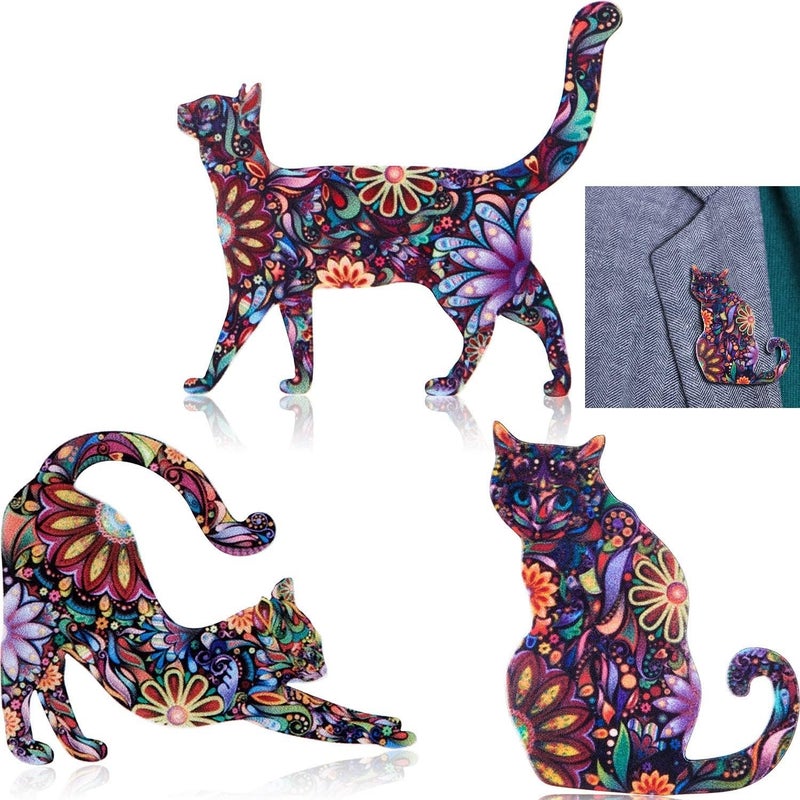 Excefore Adorable Acrylic Cat Brooch Pins - Set of 9, 3 Featuring Animal Patterns, Colorful and Eye-Catching Lapel Pin Badges - Image 1