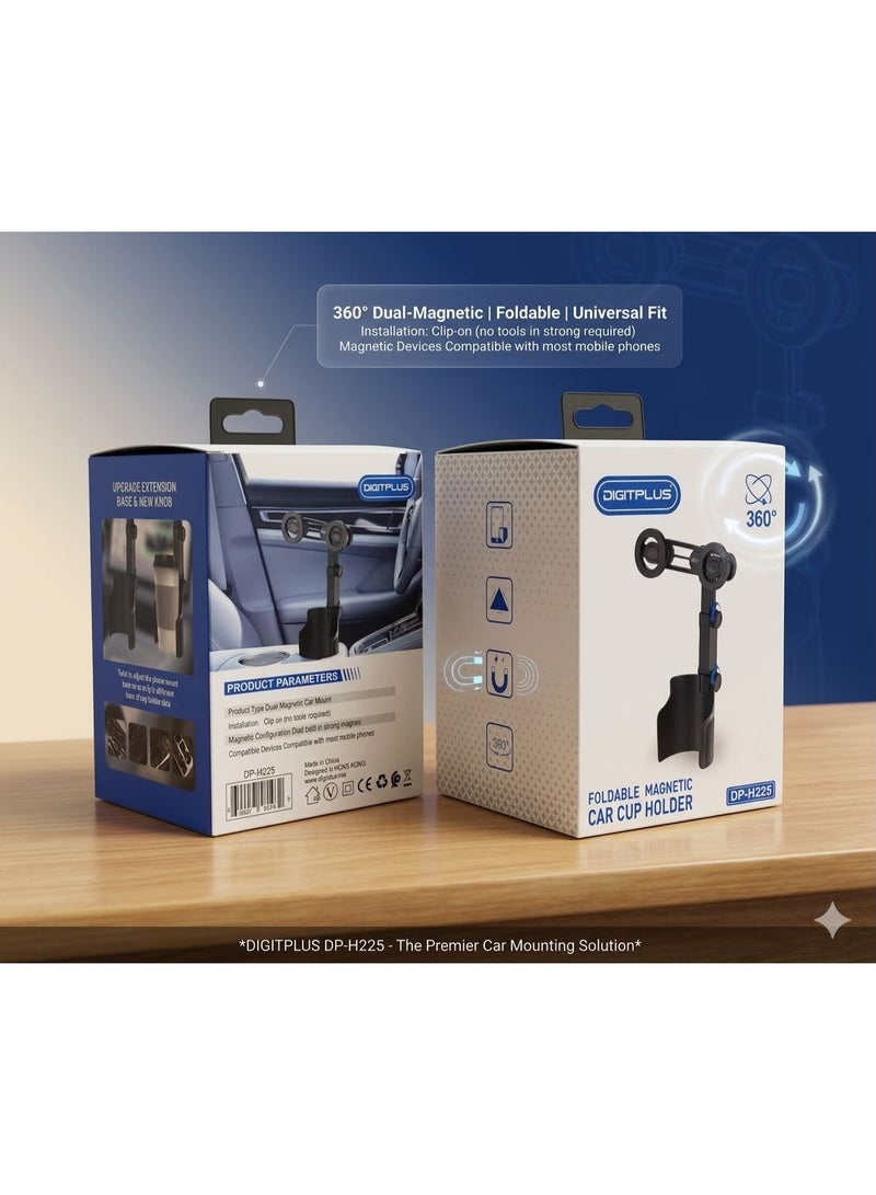 DIGITPLUS DP-H225 Foldable Magnetic Car Cup Holder Phone Mount | 360° Adjustable Universal Mobile Holder - Image 1