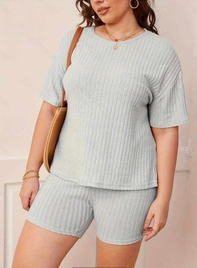 Take Two Plus Size Grey Ribbed Short Sleeve Top and Shorts Pyjama Set