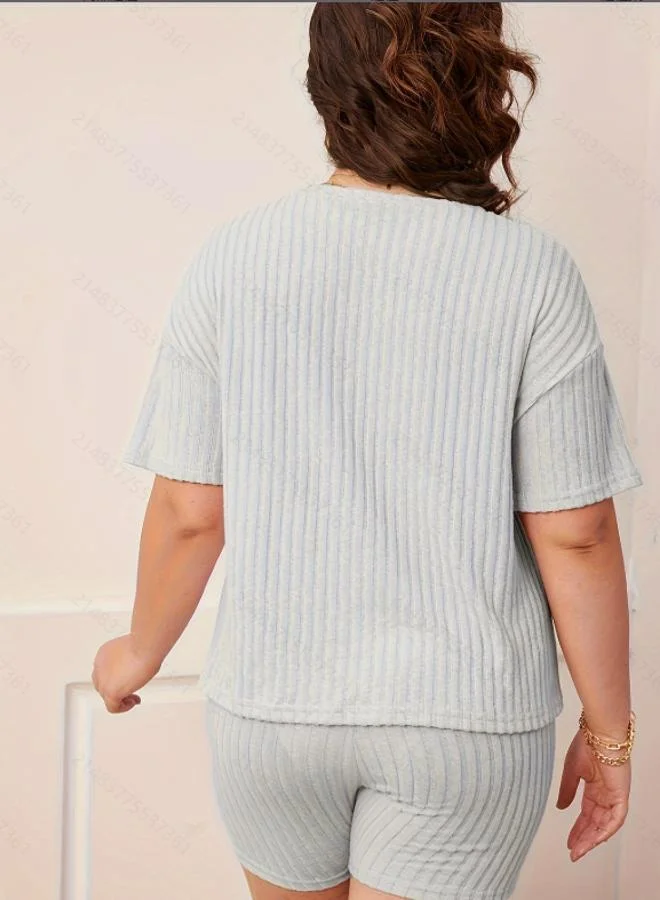 Take Two Plus Size Grey Ribbed Short Sleeve Top and Shorts Pyjama Set