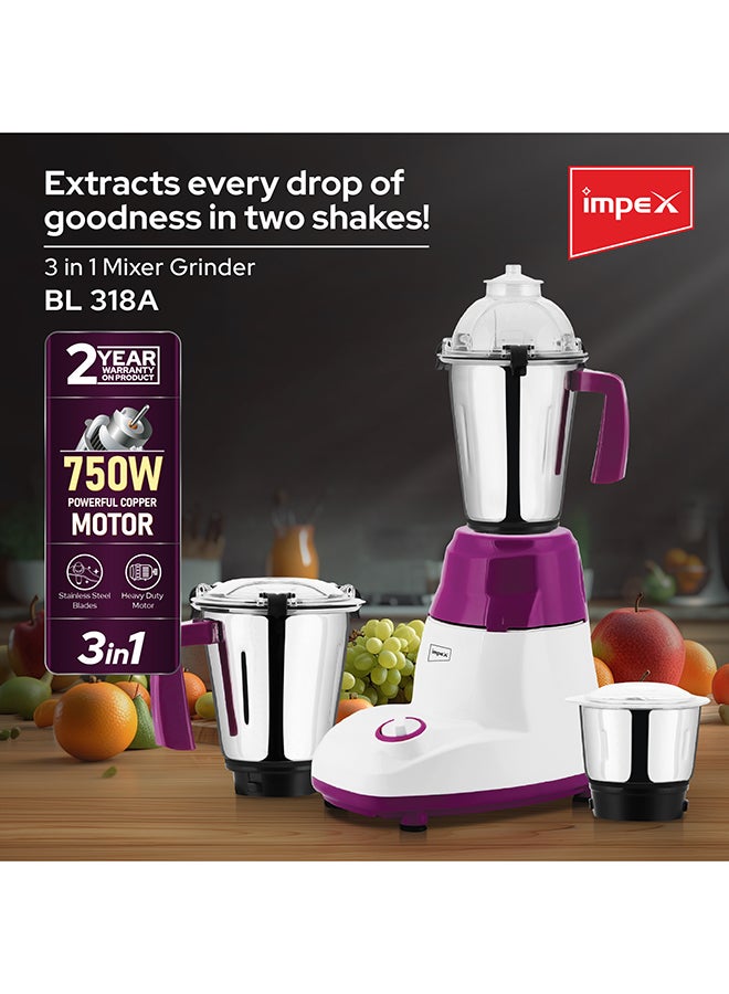 Impex 3-In-1 Mixer Grinder Copper Motor With Unbreakable ABS Body And Stainless Steel Jars 1.5 L 750 W BL 318A White/Purple - Image 3