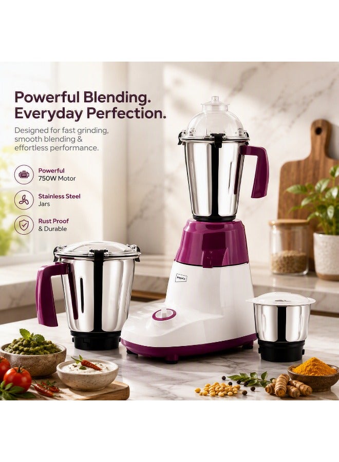 Impex 3-in-1 Blender & Mixer Grinder 750W, Copper Motor, 3 Stainless Steel Jars (1.5L Liquidizer, 1.2L Dry, 0.4L Chutney), ABS Body, Razor Sharp Blades, Made in India, 2-Year Warranty - BL 318A 1.5 L 750 W BL 318A New White/Purple - Image 1