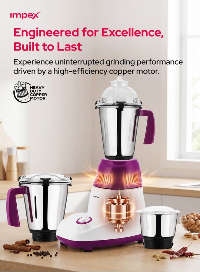 إمبكس مطحنة خلاط 3 في 1 بمحرك نحاسي مع هيكل ABS غير قابل للكسر وأوعية من الفولاذ المقاوم للصدأ سعة 1.5 لتر و750 وات BL 318A أبيض/أرجواني - Image 3