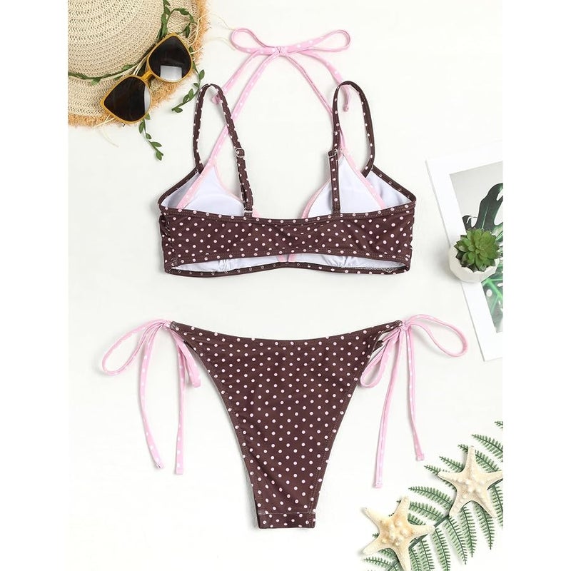 ZAFUL Polka Dot Bikini Set for Women Double Layer Halter Neck Color Block Tie Side Bathing Suit 2 Piece Bathing Suit - Image 5