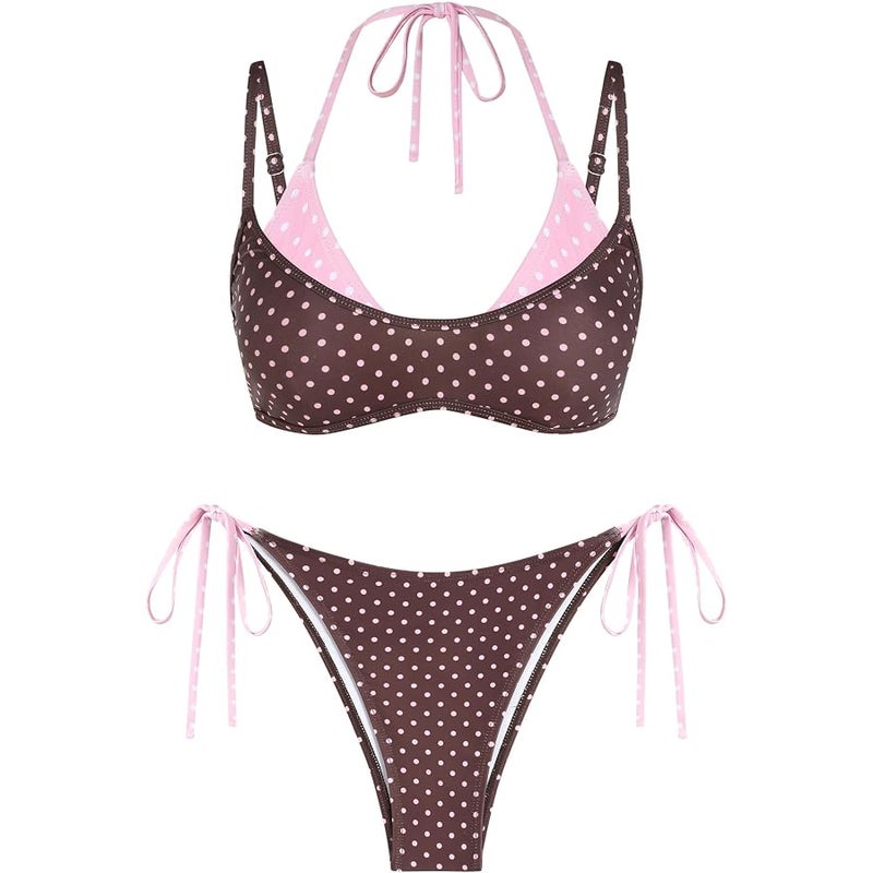 ZAFUL Polka Dot Bikini Set for Women Double Layer Halter Neck Color Block Tie Side Bathing Suit 2 Piece Bathing Suit - Image 1