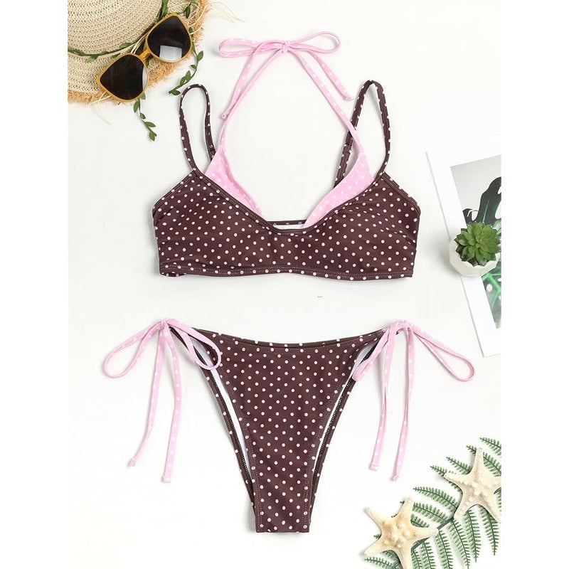 ZAFUL Polka Dot Bikini Set for Women Double Layer Halter Neck Color Block Tie Side Bathing Suit 2 Piece Bathing Suit - Image 3
