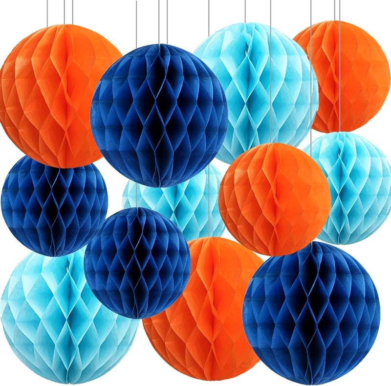 INCHEON PARTY Incheon Party Honeycomb Ball Decorations, Orange Blue Light Blue, 12 Pack, Paper Tissue Pom Poms for Parties  - Image 1