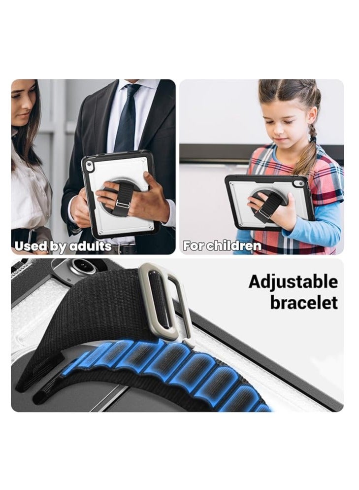 عام حافظة للأطفال متوافقة مع جهاز iPad Air 11 (2024)، تتكون من 3 قطع، مصنوعة من مادة PC، تحتوي على فتحة لقلم، حامل يد دوار بزاوية 360 درجة، وحزام كتف. - Image 3