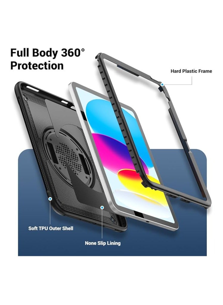 عام حافظة للأطفال متوافقة مع جهاز iPad Air 11 (2024)، تتكون من 3 قطع، مصنوعة من مادة PC، تحتوي على فتحة لقلم، حامل يد دوار بزاوية 360 درجة، وحزام كتف. - Image 2