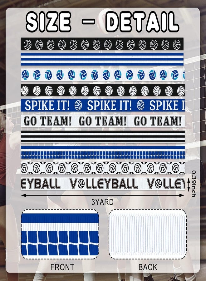 شريط كرة طائرة YKW، ١٠ لفات، ٣٠ ياردة، شريط غروغرين أبيض وأزرق ٣/٨ بوصة بنمط Spike It Go Team، مثالي لتغليف الهدايا، وتزيين الشعر، وربطات الشعر، والأكاليل، والأعمال اليدوية، والخياطة، ولوازم حفلات فريق كرة الطائرة. - Image 2