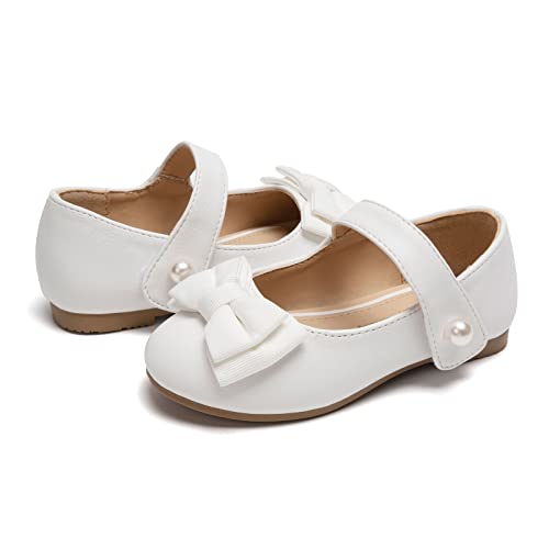 FUNKYMONKEY Toddler/Little Girl Mary Jane Dress Shoes Casual Slip on Ballet Flat (13 Little Kid, White Bowknot) - Image 3