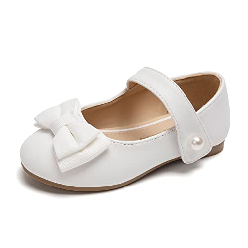 FUNKYMONKEY Toddler/Little Girl Mary Jane Dress Shoes Casual Slip on Ballet Flat (13 Little Kid, White Bowknot) - Image 1