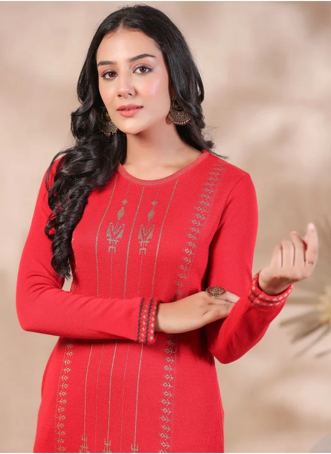 ISHIN Aline Fit Self Design Pattern Round Neck Neck Long Sleeves RED Colour Woven Cotton Kurtas for Women with Semi Elastic Closure - Elevate Your Fashion Game