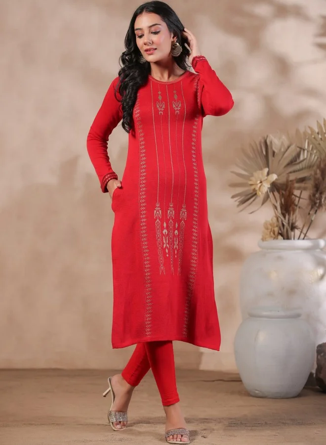 ISHIN Women's Red 100% Cotton Self Design A-Line Kurta