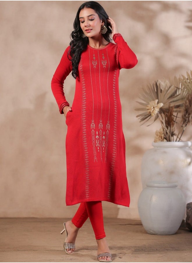 ISHIN Aline Fit Self Design Pattern Round Neck Neck Long Sleeves RED Colour Woven Cotton Kurtas for Women with Semi Elastic Closure - Elevate Your Fashion Game  - Image 3