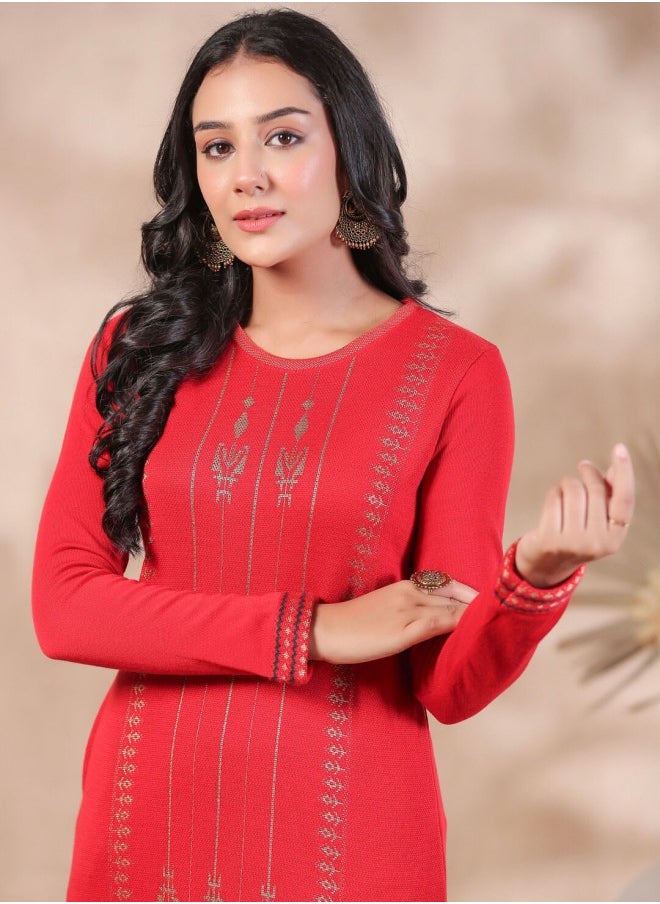 ISHIN Aline Fit Self Design Pattern Round Neck Neck Long Sleeves RED Colour Woven Cotton Kurtas for Women with Semi Elastic Closure - Elevate Your Fashion Game  - Image 2