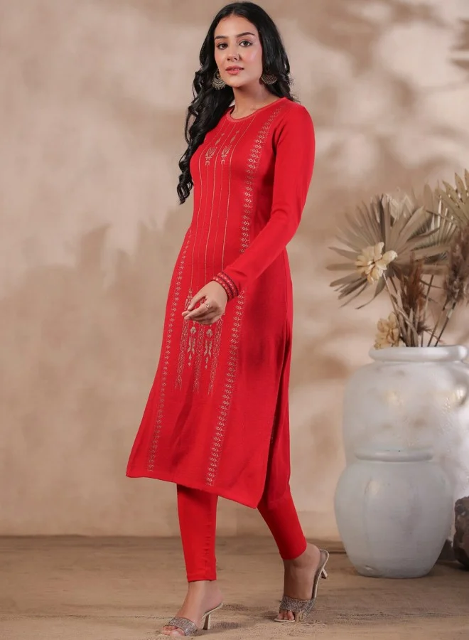 ISHIN Women's Red 100% Cotton Self Design A-Line Kurta