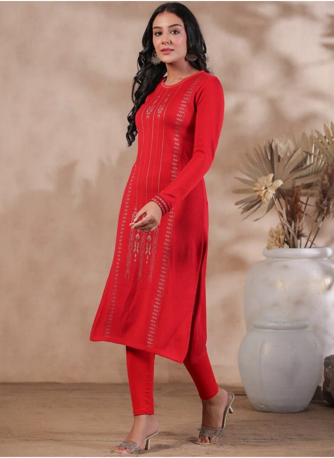 ISHIN Aline Fit Self Design Pattern Round Neck Neck Long Sleeves RED Colour Woven Cotton Kurtas for Women with Semi Elastic Closure - Elevate Your Fashion Game  - Image 5