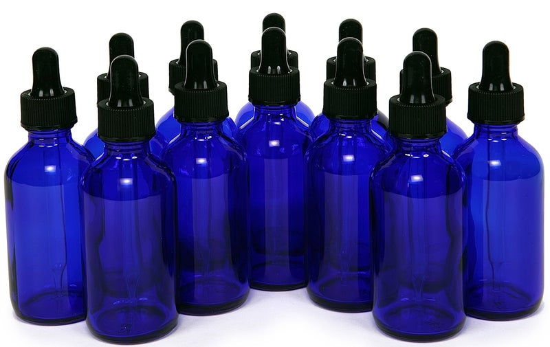 12 Cobalt Blue 2 oz Glass Bottles with Glass Eye Droppers
