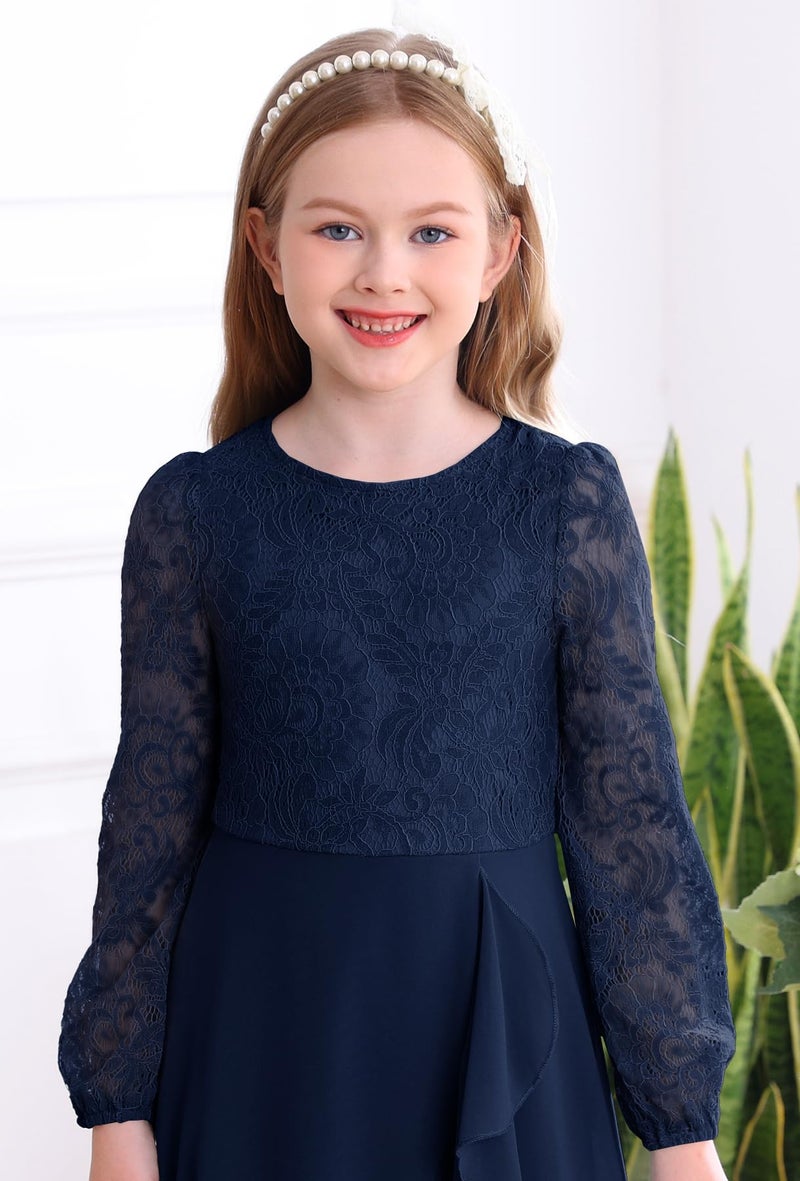 HOSIKA Lace Flower Girls Dresses High Low Long Sleeve Elegant Junior Bridesmaid Dresses for 6-12 Years - Image 5