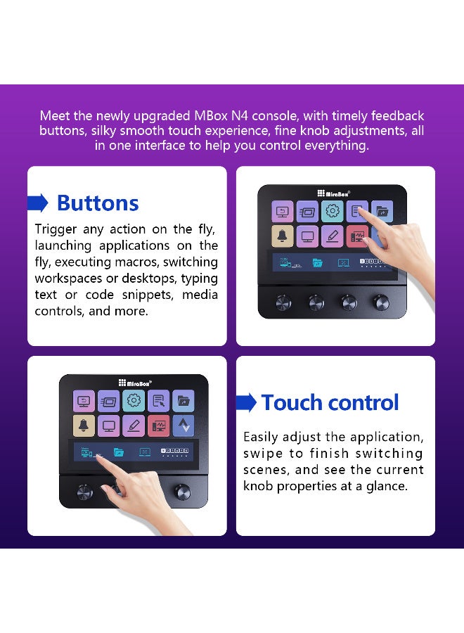 MiraBox N4 Pro Macro Pad,10-Key LCD Shortcut Keyboard with 4 RGB Knobs & TouchBar – Programmable Streaming Controller Deck for OBS, YouTube, Gaming & Office (PC/Mac, USB-C,Black) - Image 3