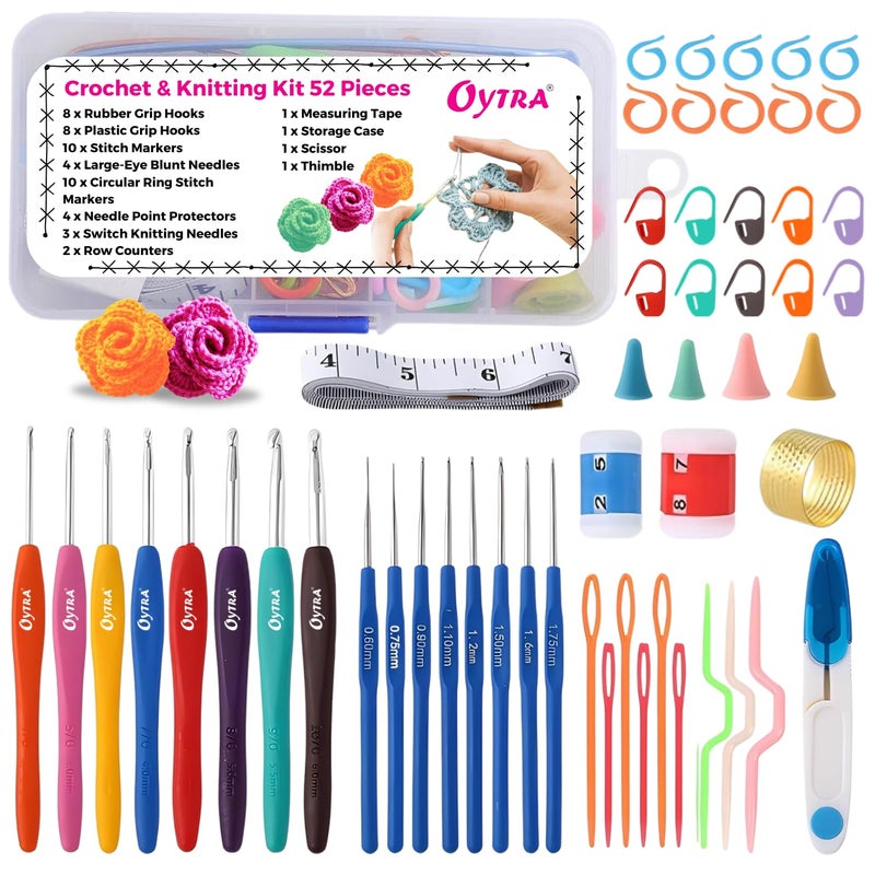 Oytra Crochet & Knitting Kit 52 Pieces Weaving Sewing Art Craft Ergonomic Hooks Yarn Needles Stitch Markers & Organizer Set For Beginners,Multicolor - Image 1
