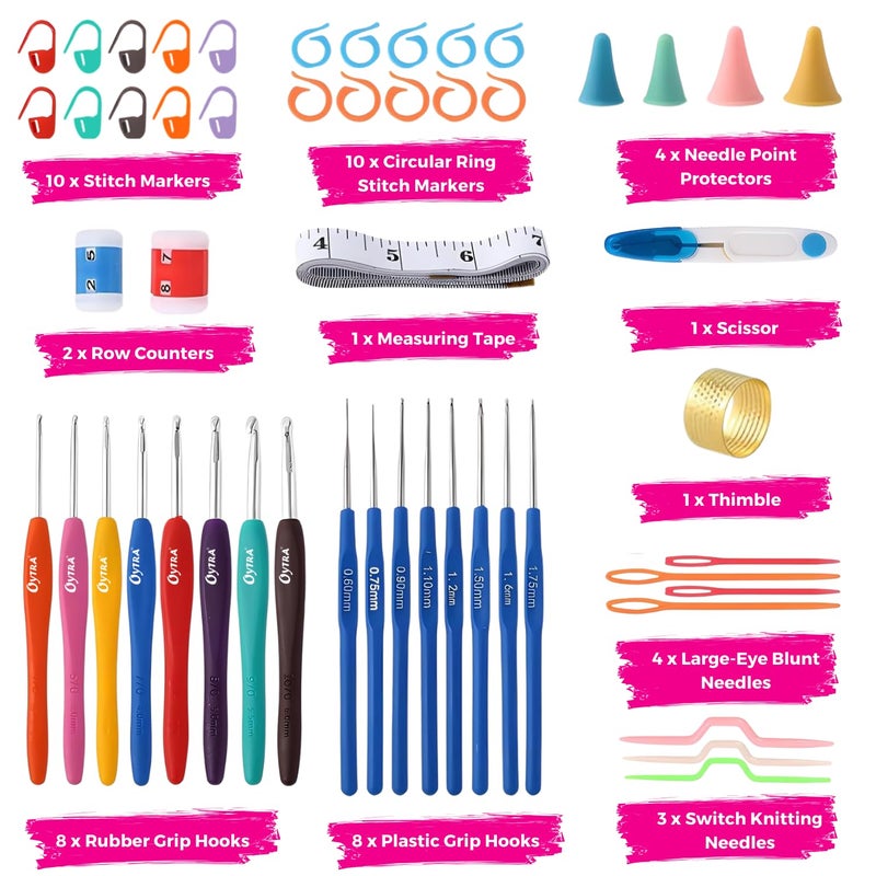 Oytra Crochet & Knitting Kit 52 Pieces Weaving Sewing Art Craft Ergonomic Hooks Yarn Needles Stitch Markers & Organizer Set For Beginners,Multicolor - Image 2