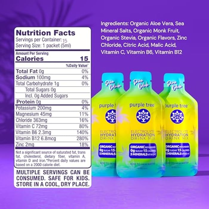 Purple Tree Organic Electrolyte Hydration Packets – Pina Colada Flavor, Sugar-Free Liquid Hydration Sticks for Rapid Rehydration, Daily Electrolyte Drink Mix for Dehydration Relief, 15 To-Go Packs - Image 4