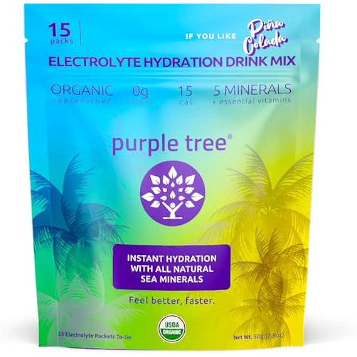 Purple Tree Organic Electrolyte Hydration Packets – Pina Colada Flavor, Sugar-Free Liquid Hydration Sticks for Rapid Rehydration, Daily Electrolyte Drink Mix for Dehydration Relief, 15 To-Go Packs - Image 1