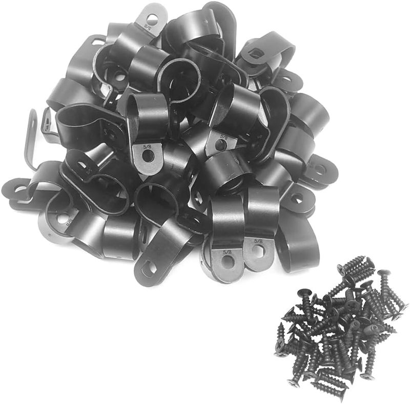 Alamic Cable Clamp R-Type Cable Clip Wire Clamp 5/8 inch Nylon Screw Mounting Cord Fastener Clips with Screws for Wire Management 50 Pcs Cable Clamps + 50 Pcs Screws - Black - Image 1