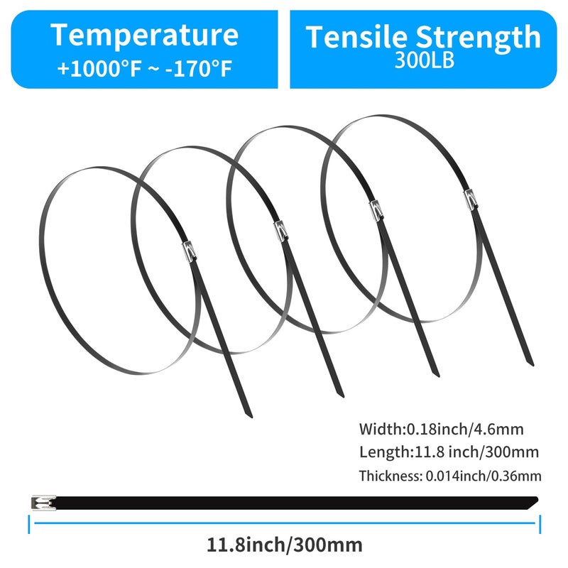 XINGO 11.8 Inch Metal Zip Ties (200 Pack), 304 Stainless Steel Heavy Duty Zip Ties, 300lbs Tensile Strength, Multi-Purpose Self-locking Cable Ties for Exhaust Wrap, Outdoor and Canopy Etc - Image 2