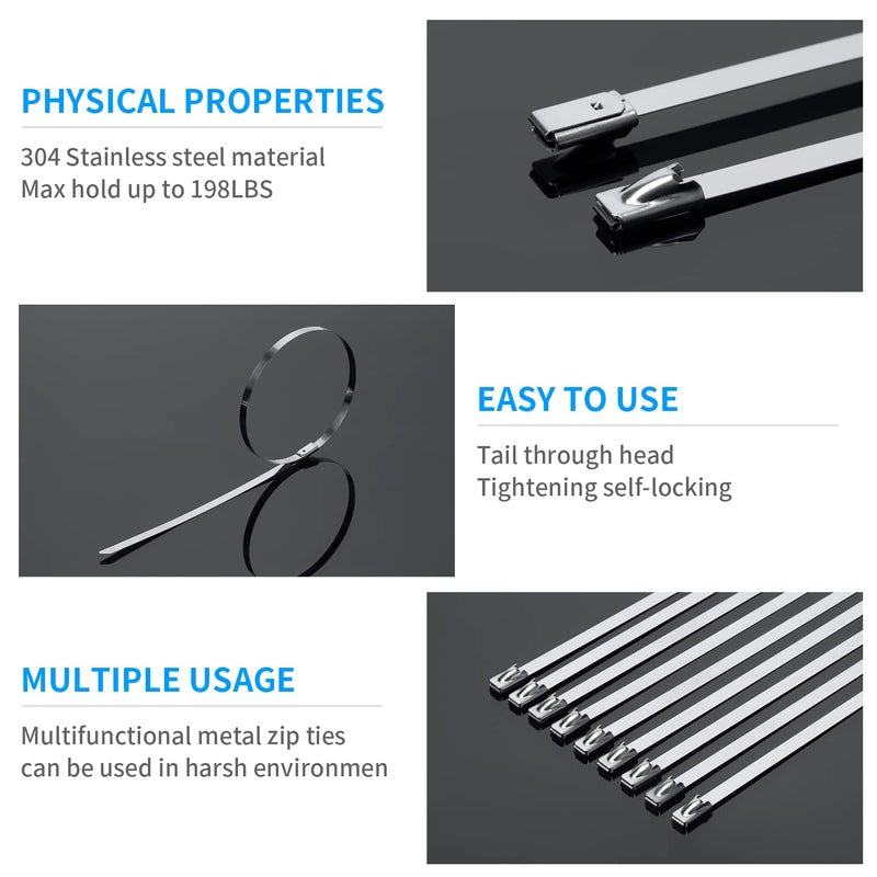 XINGO 11.8 Inch Metal Zip Ties (200 Pack), 304 Stainless Steel Heavy Duty Zip Ties, 300lbs Tensile Strength, Multi-Purpose Self-locking Cable Ties for Exhaust Wrap, Outdoor and Canopy Etc - Image 4