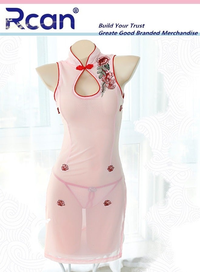 Rcan Lingerie for Women Vintage Embroidered Cheongsam Style Halter Neck Turtleneck Dress Babydoll Slim Mesh Ladies Boudoir Underwear - Image 1