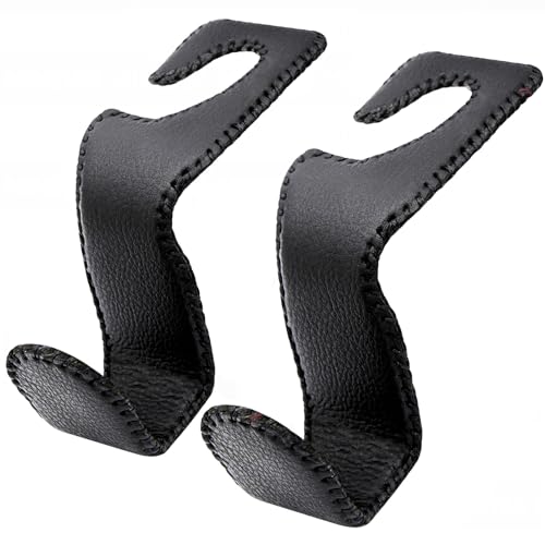 EldHus Headrest Hooks for Purses and Bags, 2 Pack Car Seat Hooks for Grocery Bag Handbag, Metal Car Purse Holder Covered by Leather, Black - Image 1